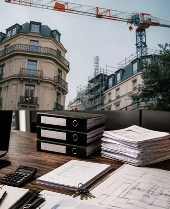 Photomontage : façade d'immeuble haussmannien en travaux avec grue de chantier, et bureau avec dossiers, plans et documents administratifs