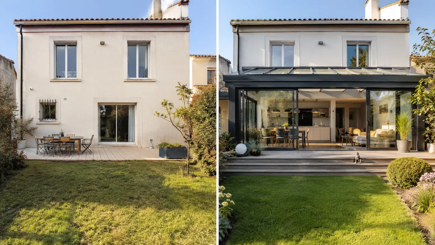 Extension vitrée d’une maison ouverte sur le jardin, avant et après travaux
