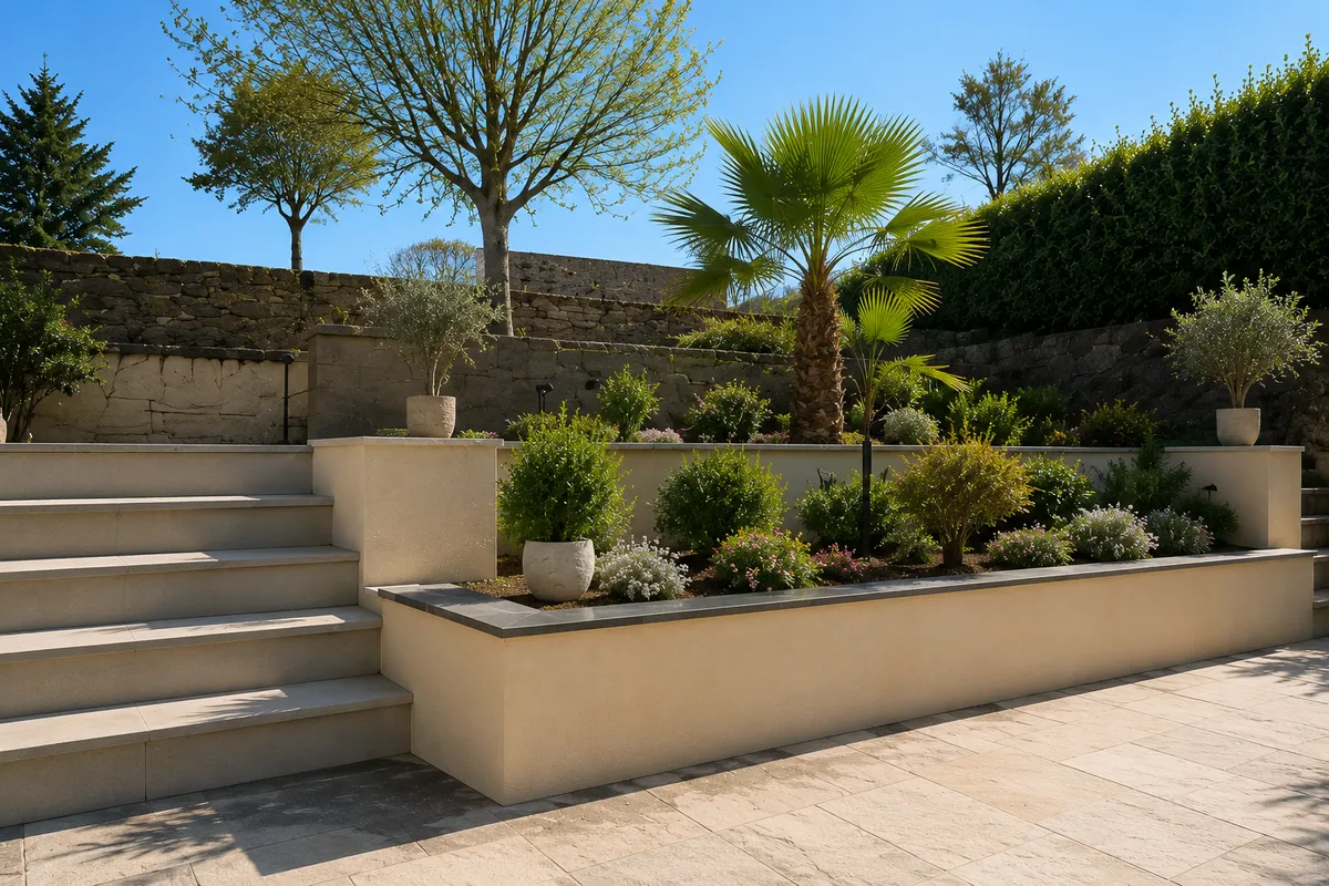 Terrasse en pierre avec massif végétalisé et palmier, jardin en paliers à Saint Chéron