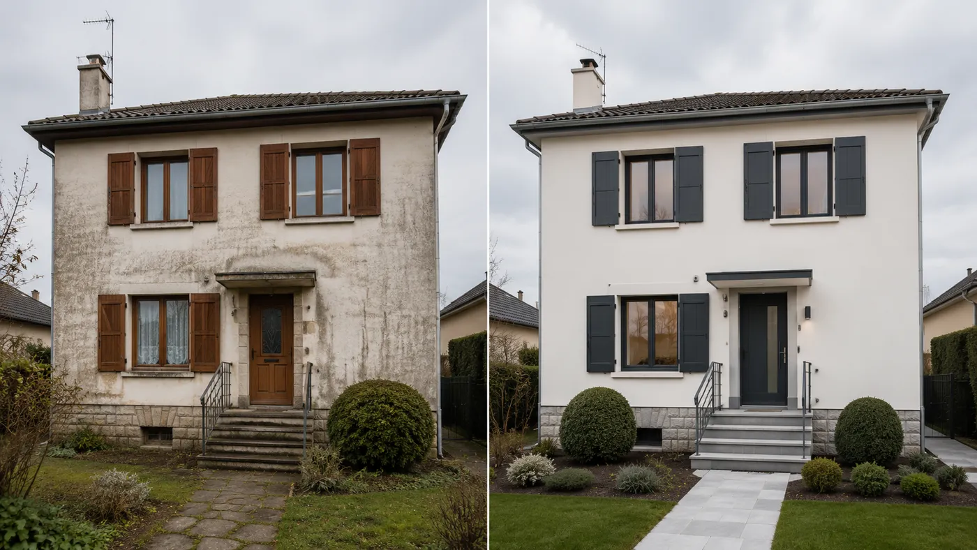 Façade d’une maison familiale avant et après ravalement et modernisation