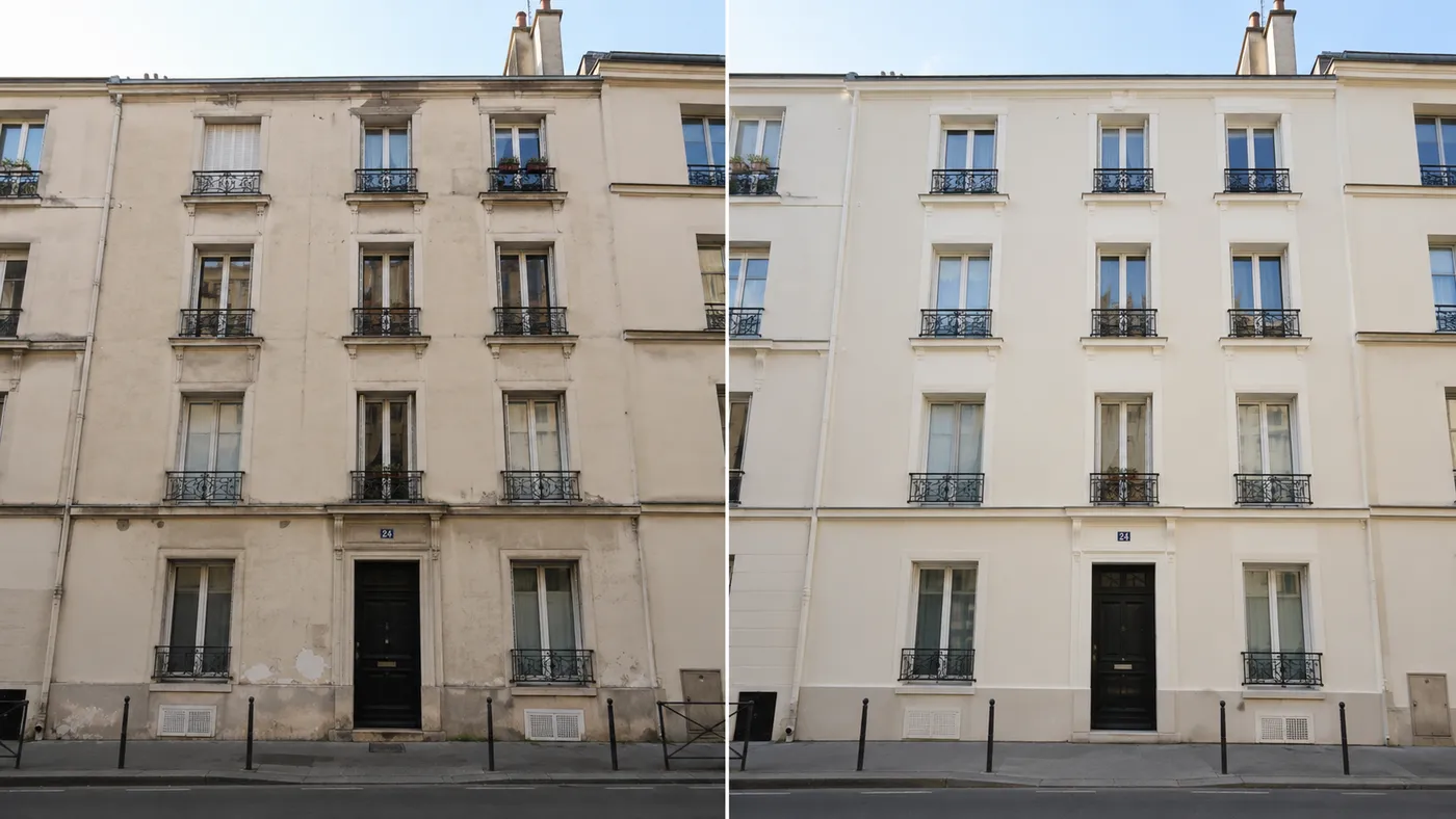 Façade d’un immeuble ancien parisien avant et après ravalement