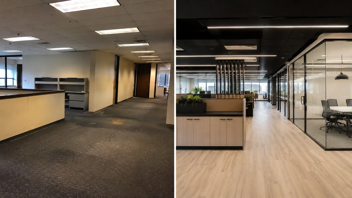 Bureaux professionnels avant et après rénovation et réorganisation