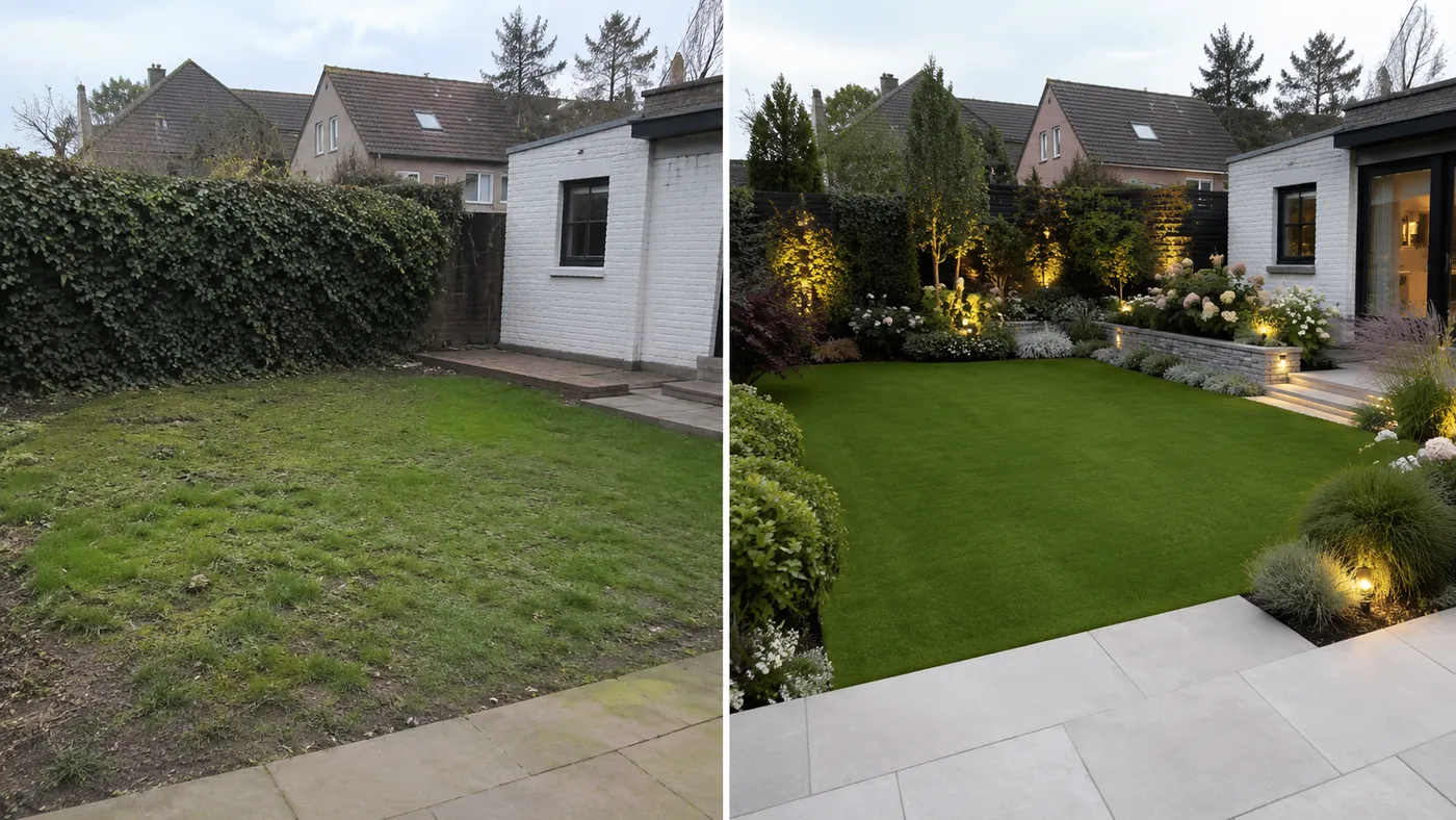 Jardin transformé en espace de détente, pelouse et plantations, avant et après travaux